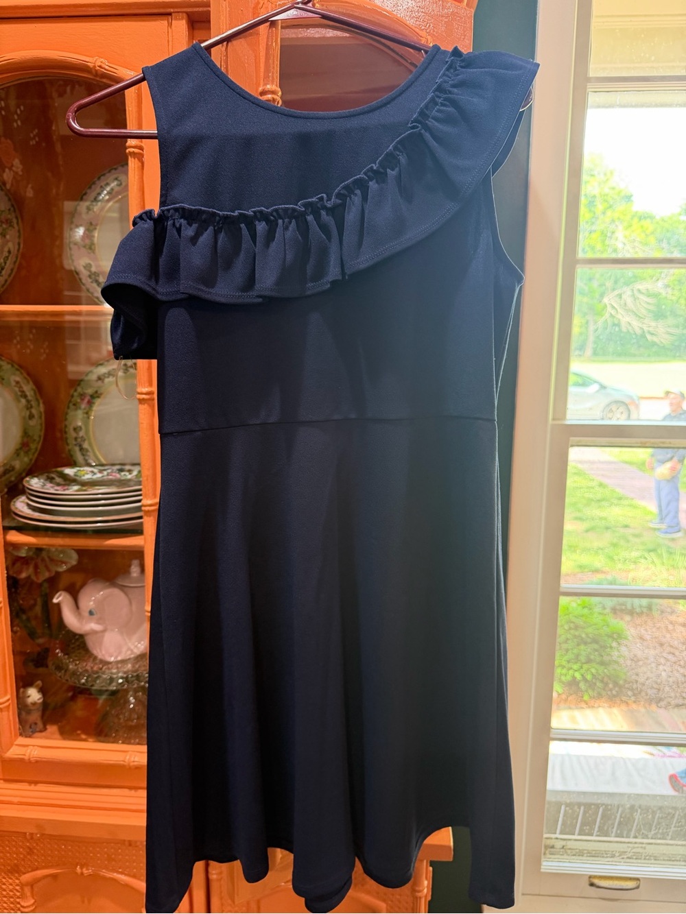 Girls Navy One-Shoulder Ruffle Dress